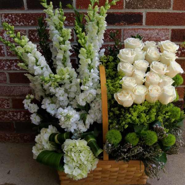 Tall white snapdragons and roses arranged with green accents in a woven basket