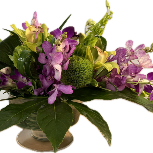 Low centerpiece of purple orchids and green blooms in a glass compote vase