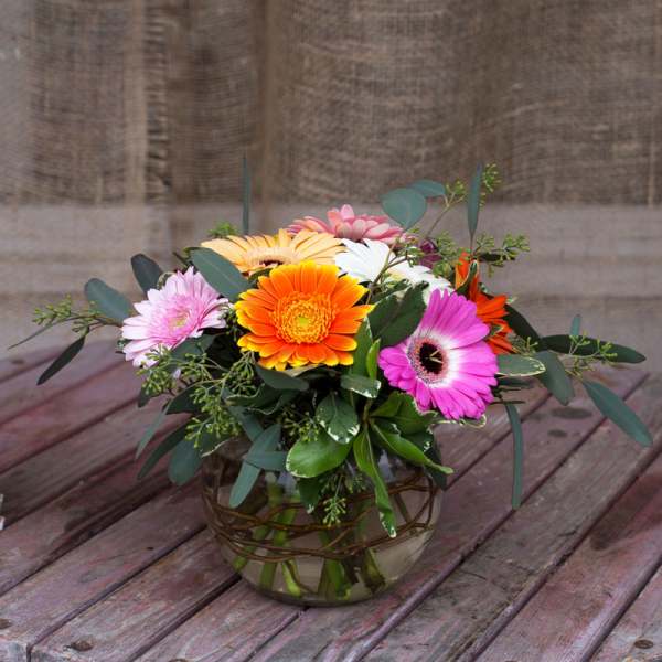 Colorful gerbera daisy bouquet in a glass vase