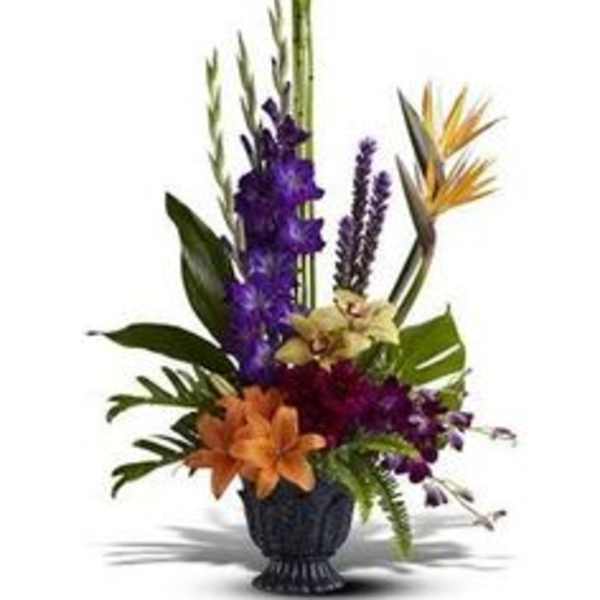 Tropical flower arrangement in a dark pedestal vase