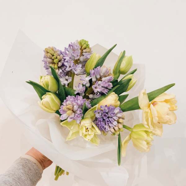 Bouquet of pale yellow tulips and lavender hyacinths wrapped in white paper