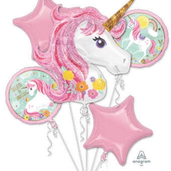 Pink unicorn-shaped balloons with star balloons and floral accents