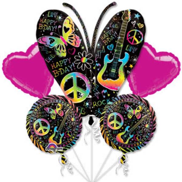 Birthday balloon bouquet with butterfly, guitar, and peace sign designs