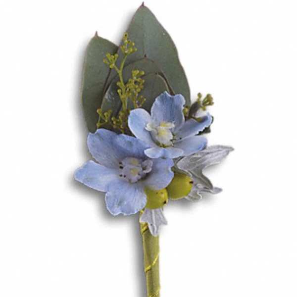 Light blue floral boutonniere with small yellow berries and a wrapped green stem.