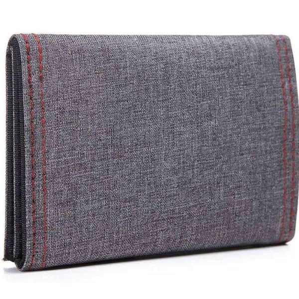 Gray fabric clutch with red stitched trim