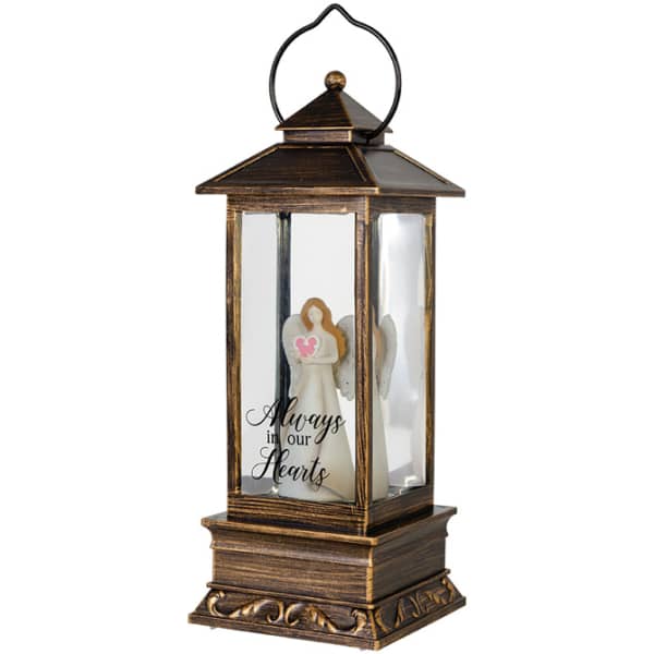 Wooden memorial lantern with an angel figurine inside