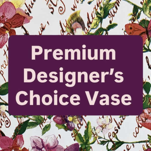 Purple label reading "Premium Designer's Choice Vase" over floral pattern