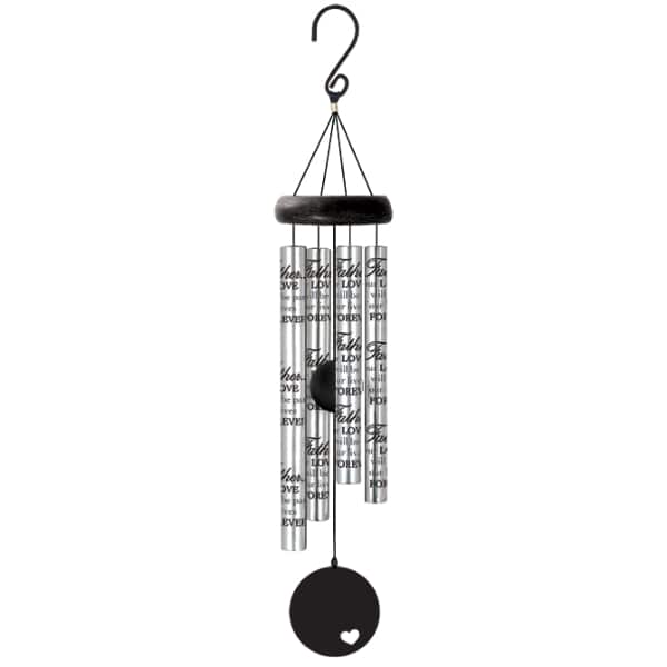 Hanging silver memorial wind chime with black accents and a heart-shaped pendant