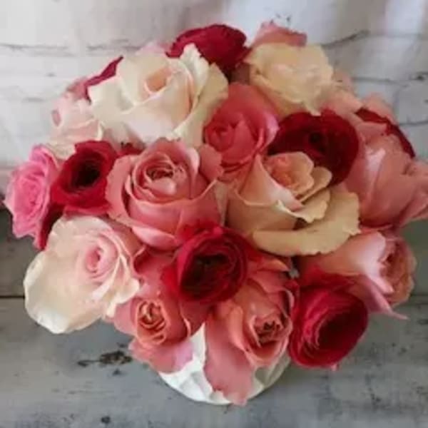 Bouquet of pink, red, and white roses