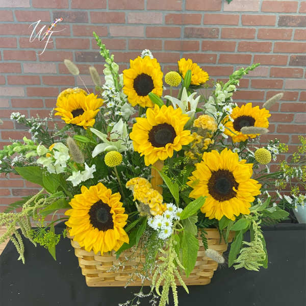Basket arrangement with sunflowers and mixed white and green flowers