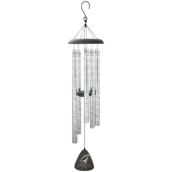 Silver wind chime with hanging metal tubes and a black clapper