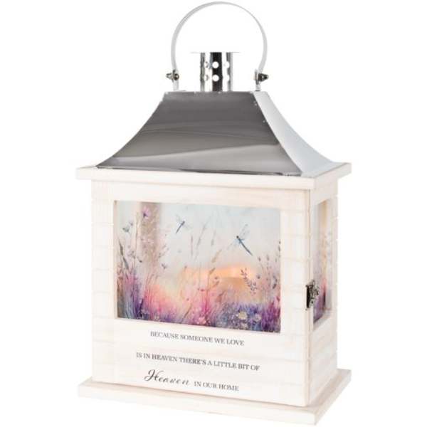 White memorial lantern with a printed sunset scene and quote