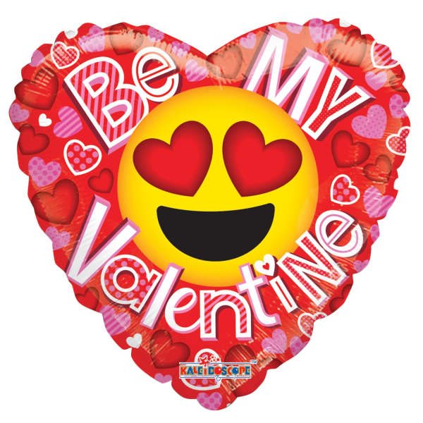 Heart-shaped Valentine balloon with heart-eyes emoji and "Be My Valentine" text