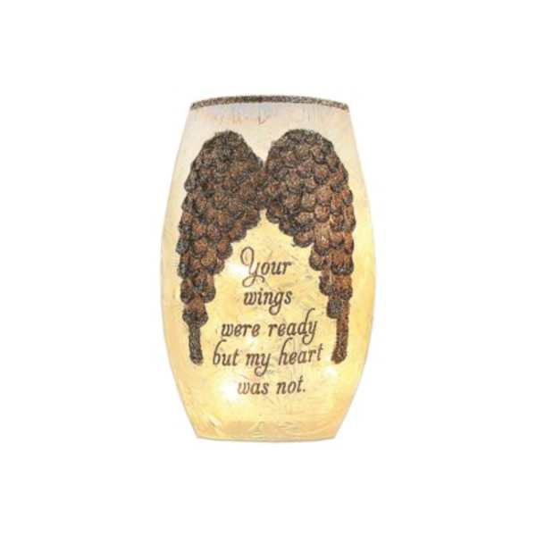 Memorial candle holder with angel wings and a sympathy message