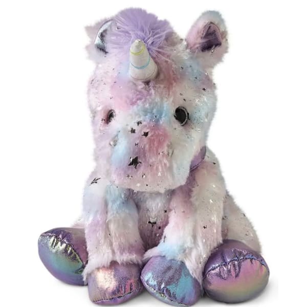 Pastel unicorn stuffed animal with iridescent hooves and a horn