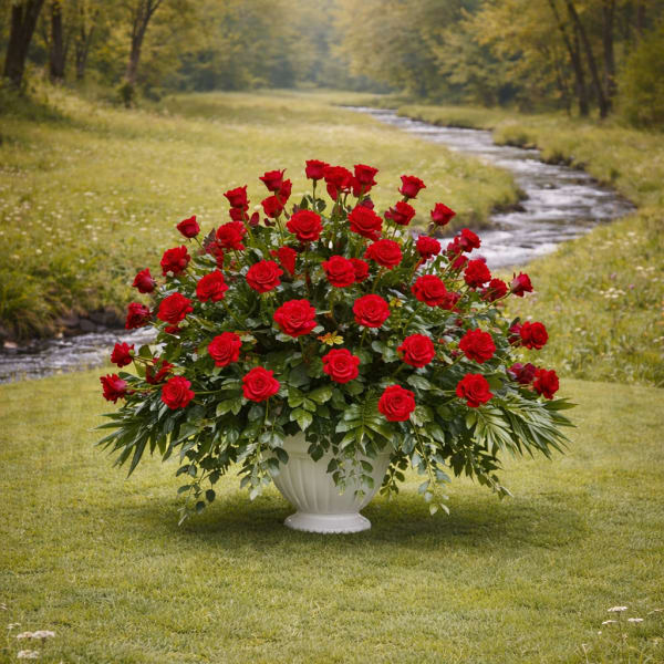 Large urn arrangement of red roses with abundant foliage displayed outdoors by a stream