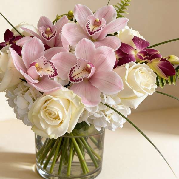 Low arrangement of pink orchids, white roses, and hydrangeas in a clear glass vase