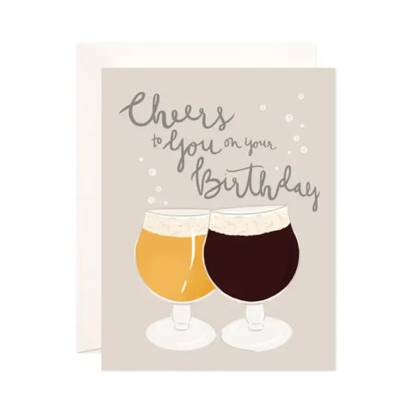 Birthday card with two beer glasses and handwritten text