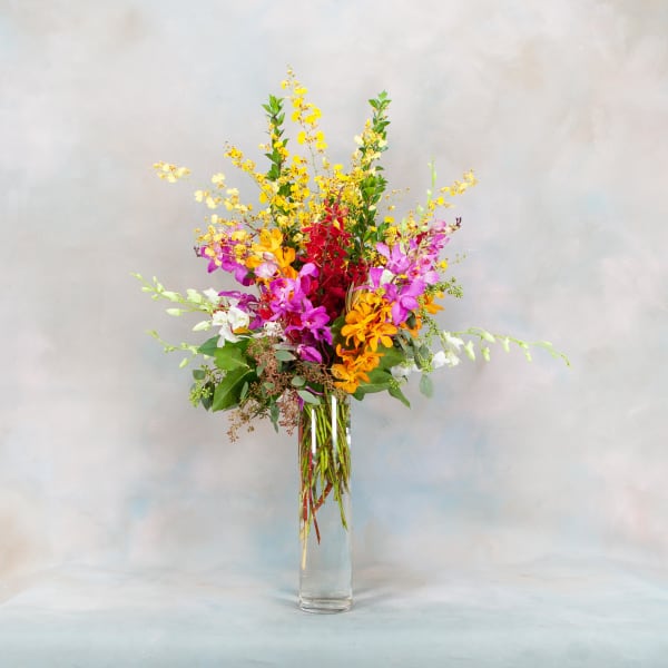 Tall mixed orchid arrangement in a clear glass vase