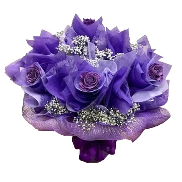 Purple rose bouquet with white filler flowers