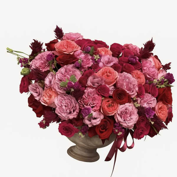 Large pink and red rose arrangement in a pedestal vase