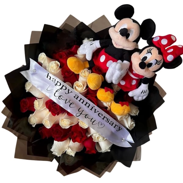 Bouquet of red and white roses with Mickey and Minnie plush toys