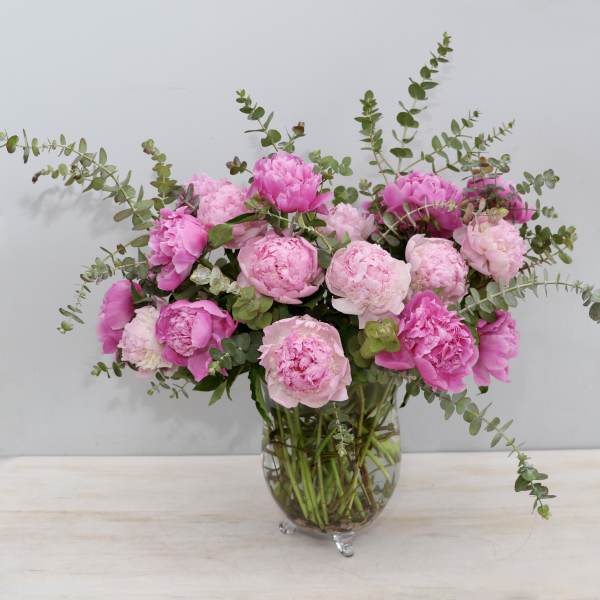 Large arrangement of pink peonies with arching eucalyptus in a clear glass vase