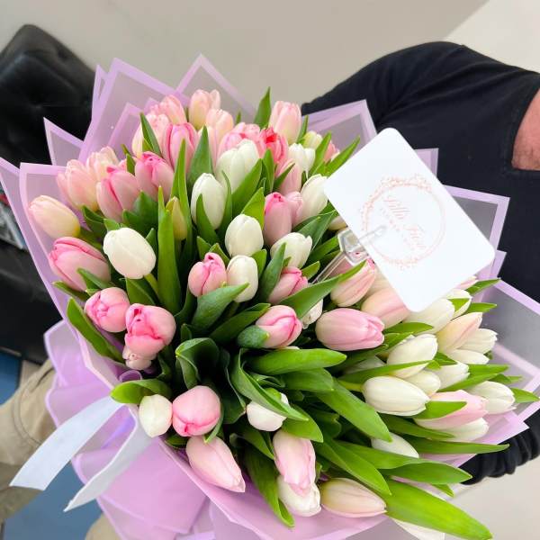 Bouquet of pink and white tulips wrapped in lavender paper