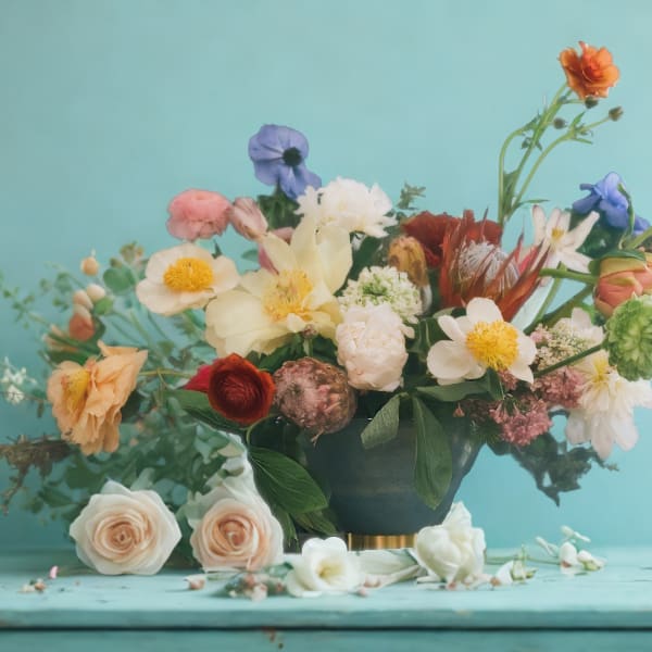 Colorful mixed flower arrangement in a dark vase on a turquoise surface