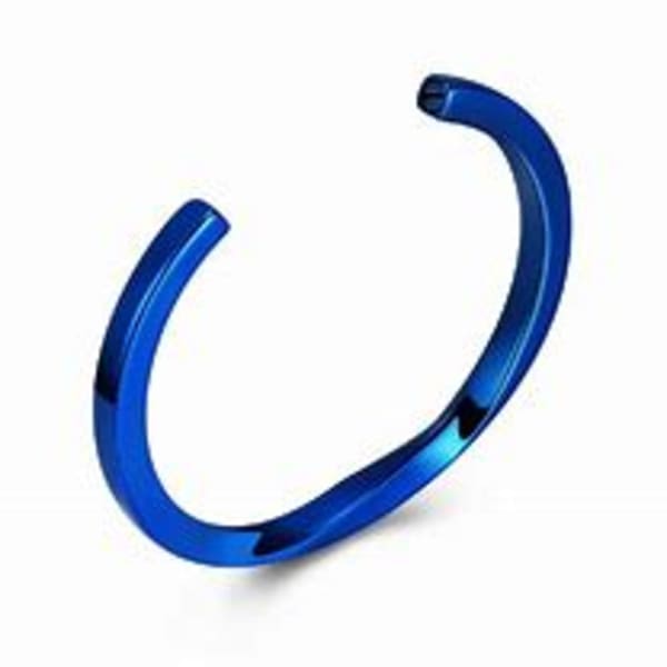 Blue curved metal bracelet on a white background
