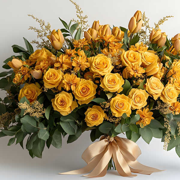 Yellow roses and tulips arranged with greenery and a satin ribbon bow