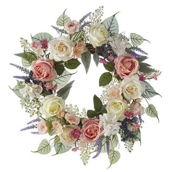 Floral wreath with pink and white roses and purple accents