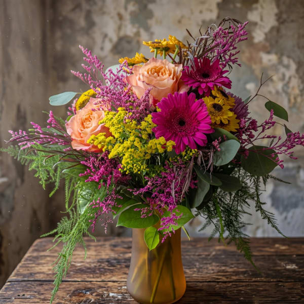 Bright mixed bouquet of peach roses, pink gerbera daisies, and yellow blooms in an amber glass vase