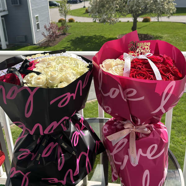 mixed roses wrapped in luxurious wrapping paper