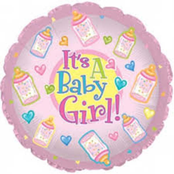 Round pink balloon with "It's A Baby Girl!" text and baby bottle graphics