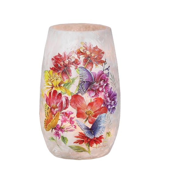Decorative glass vase with colorful floral and butterfly print