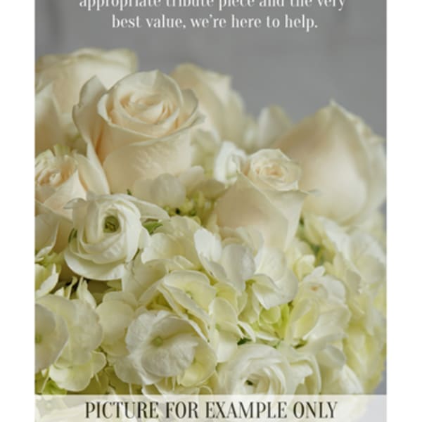 Cream rose and hydrangea bouquet with designer's choice text