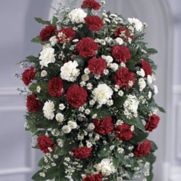 Standing spray of red and white carnations with small white filler flowers