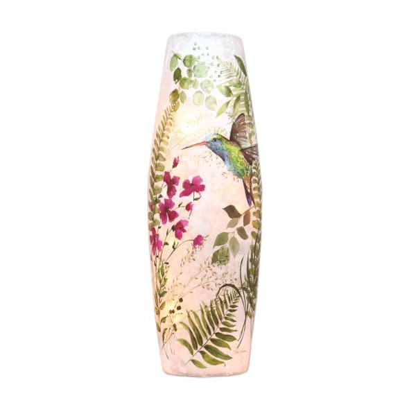 Tall decorative vase with a hummingbird and floral print