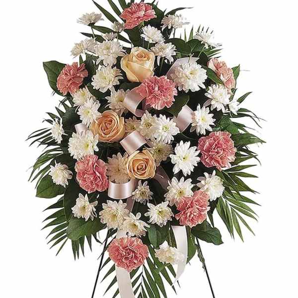 Inexpensive Funeral Floral Spray on a stand
