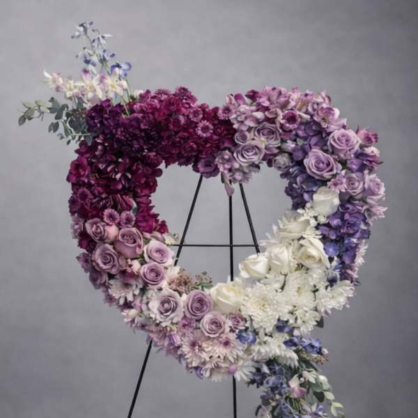 Heart-shaped floral wreath on a black stand with purple, pink, and white blooms