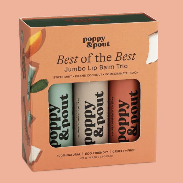 Boxed trio of lip balms in peach packaging