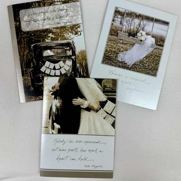 Three wedding-themed greeting cards with photos of a bride and groom