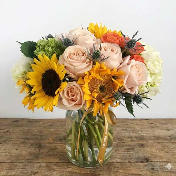 Bouquet of sunflowers and pale roses in a glass vase