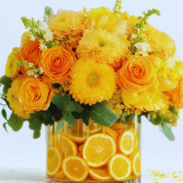 Yellow and orange flower arrangement in a glass vase filled with orange slices