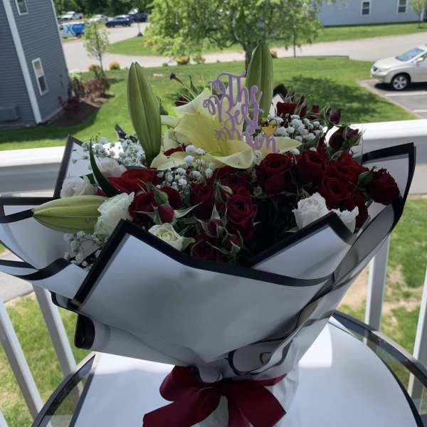 Red rose, white roses, Lily, baby breath by lavish.ishbouquets