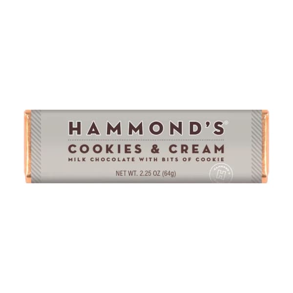 Wrapped chocolate bar labeled Hammonds Cookies & Cream