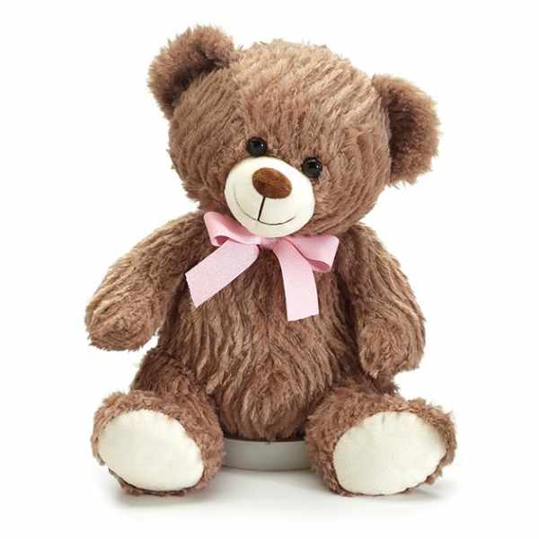 Brown teddy bear with a pink ribbon bow