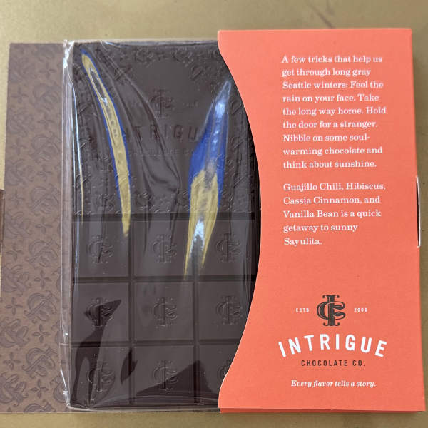 Intrigue Chocolate Guajillo Chili, Hibiscus, Cassia Cinnamon, & Vanilla Bean Chocolate Bar