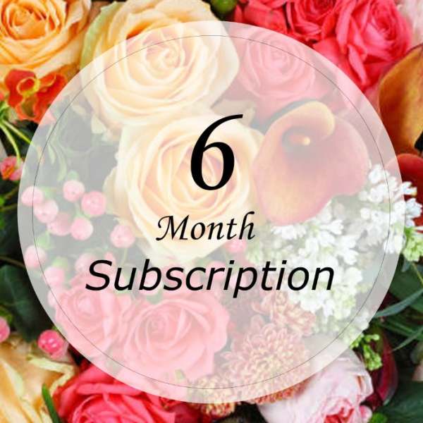 Mixed roses and calla lilies with a "6 Month Subscription" overlay